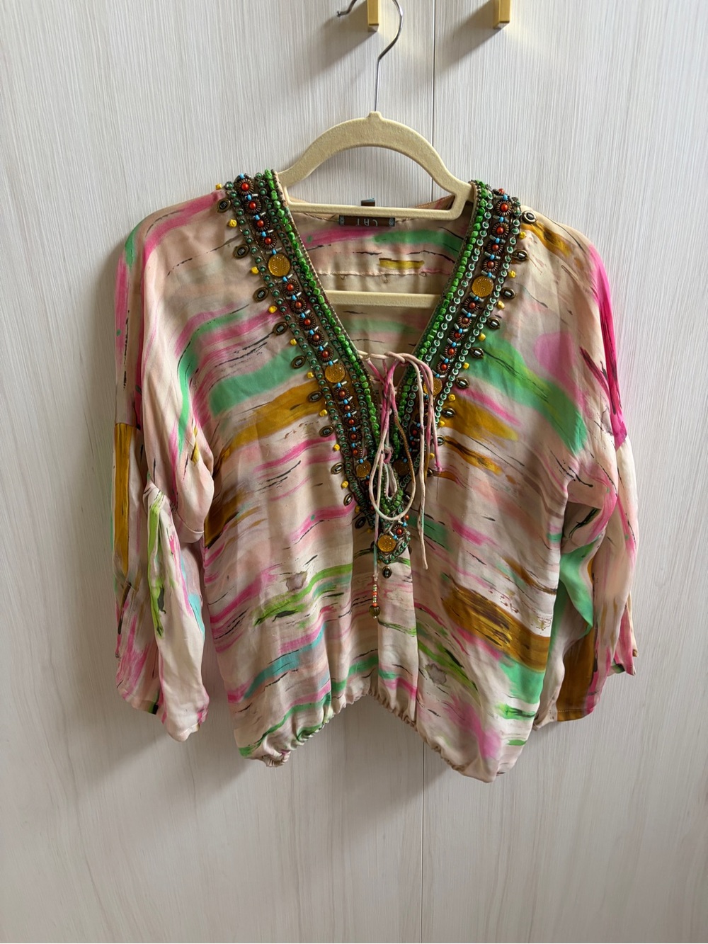 TAJ by Sabrina Crippa Beaded V-Neck Brushstroke Blouse in Pink, Green & Gold